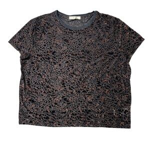 Free People We The Free Black and Brown Lace Velour Short Sleeve Tee Small NWOT